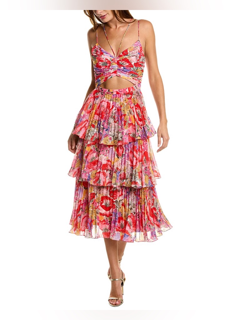 Amur Red Pink Floral Tiered Pleated Luke Midi Dress